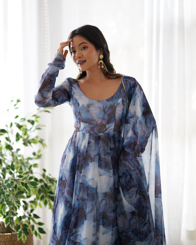 Digitally Printed Pure Organza Silk Marble Print Design Comes With Duppatta & Pant - NAVY