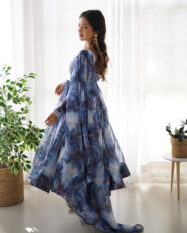 Digitally Printed Pure Organza Silk Marble Print Design Comes With Duppatta & Pant - NAVY