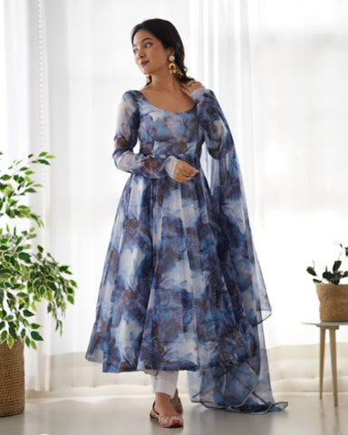 Digitally Printed Pure Organza Silk Marble Print Design Comes With Duppatta & Pant - NAVY