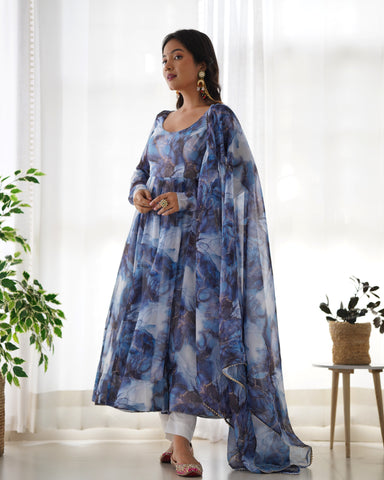 Digitally Printed Pure Organza Silk Marble Print Design Comes With Duppatta & Pant - NAVY