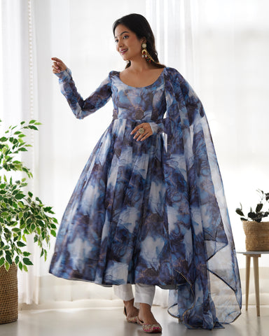 Digitally Printed Pure Organza Silk Marble Print Design Comes With Duppatta & Pant - NAVY