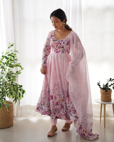 Pink Color Digitally Printed Pure Soft Organza Anarkali Suit With Huge Flair Comes With Duppatta & Pant