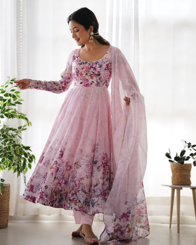 Pink Color Digitally Printed Pure Soft Organza Anarkali Suit With Huge Flair Comes With Duppatta & Pant