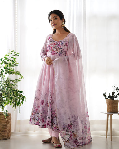 Pink Color Digitally Printed Pure Soft Organza Anarkali Suit With Huge Flair Comes With Duppatta & Pant