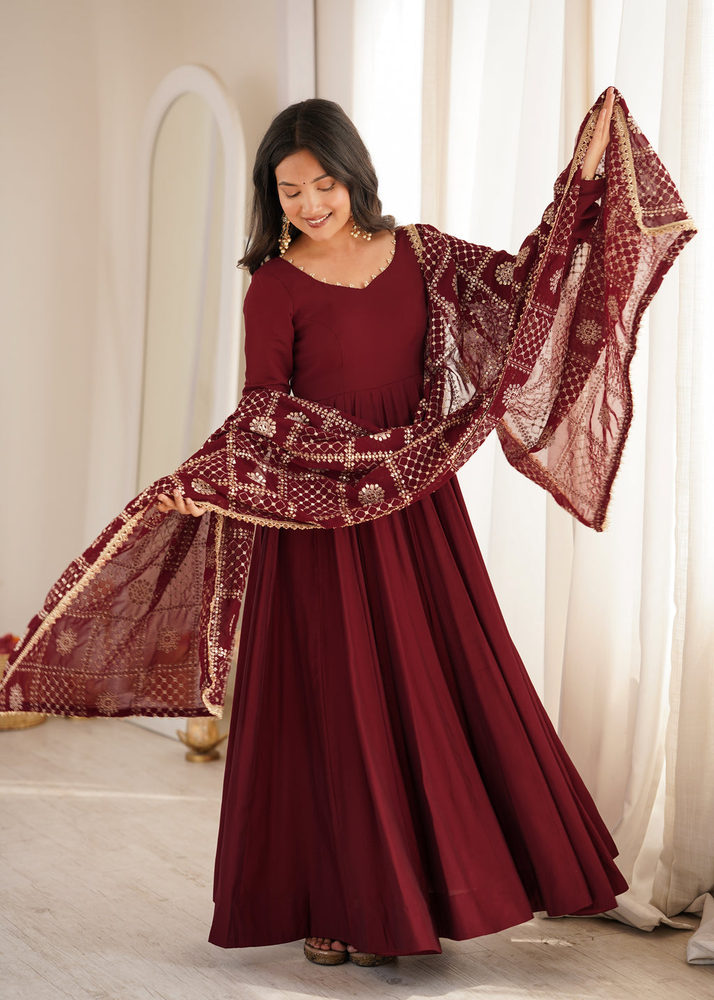 Deep Maroon Roman Silk Chanderi Sequence Jari Work Anarkali Set
