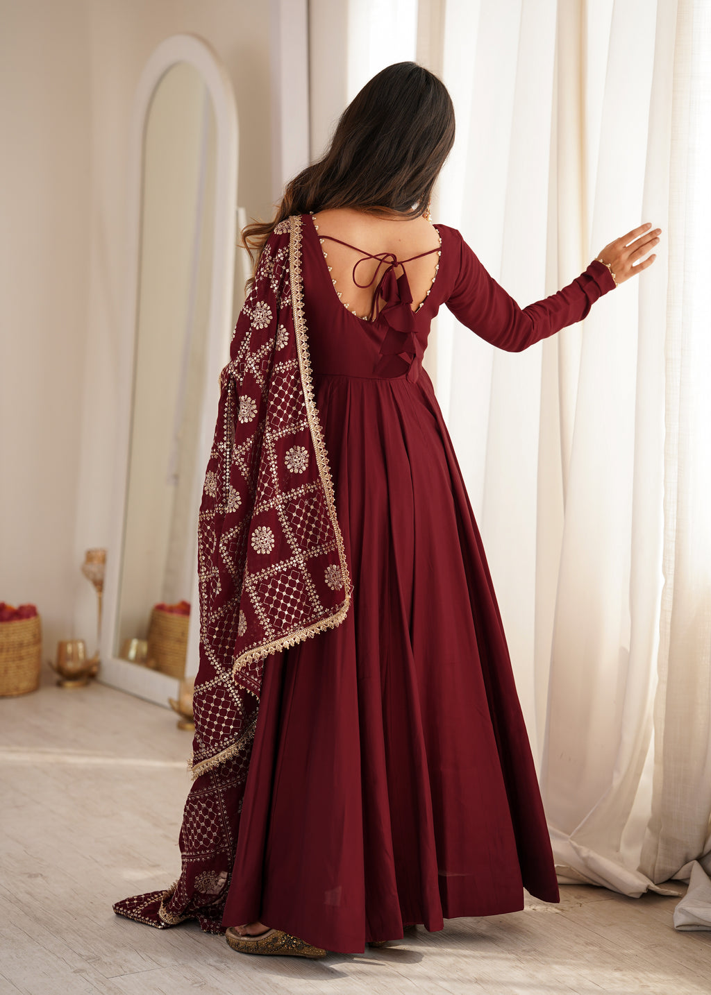 Deep Maroon Roman Silk Chanderi Sequence Jari Work Anarkali Set