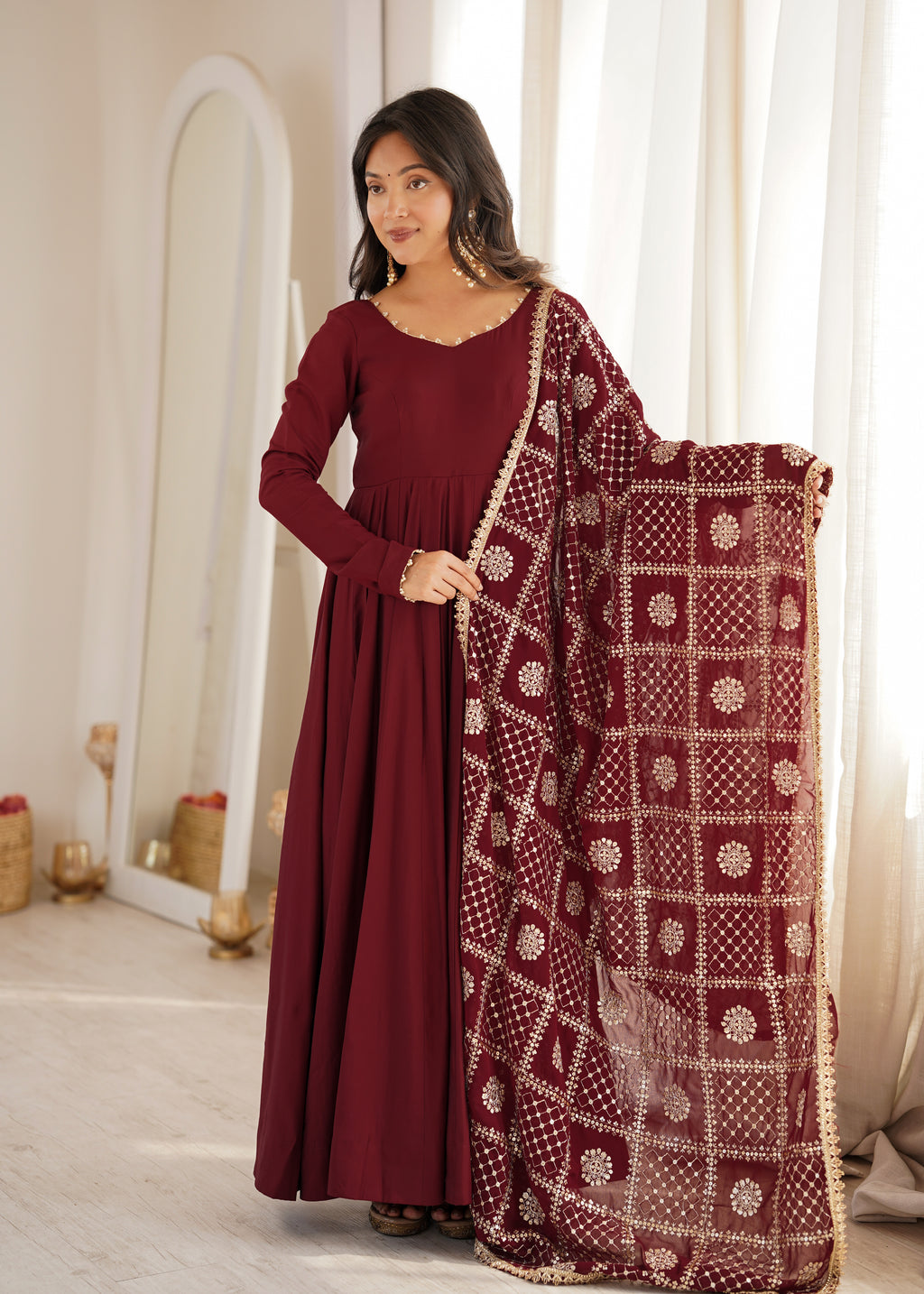 Deep Maroon Roman Silk Chanderi Sequence Jari Work Anarkali Set