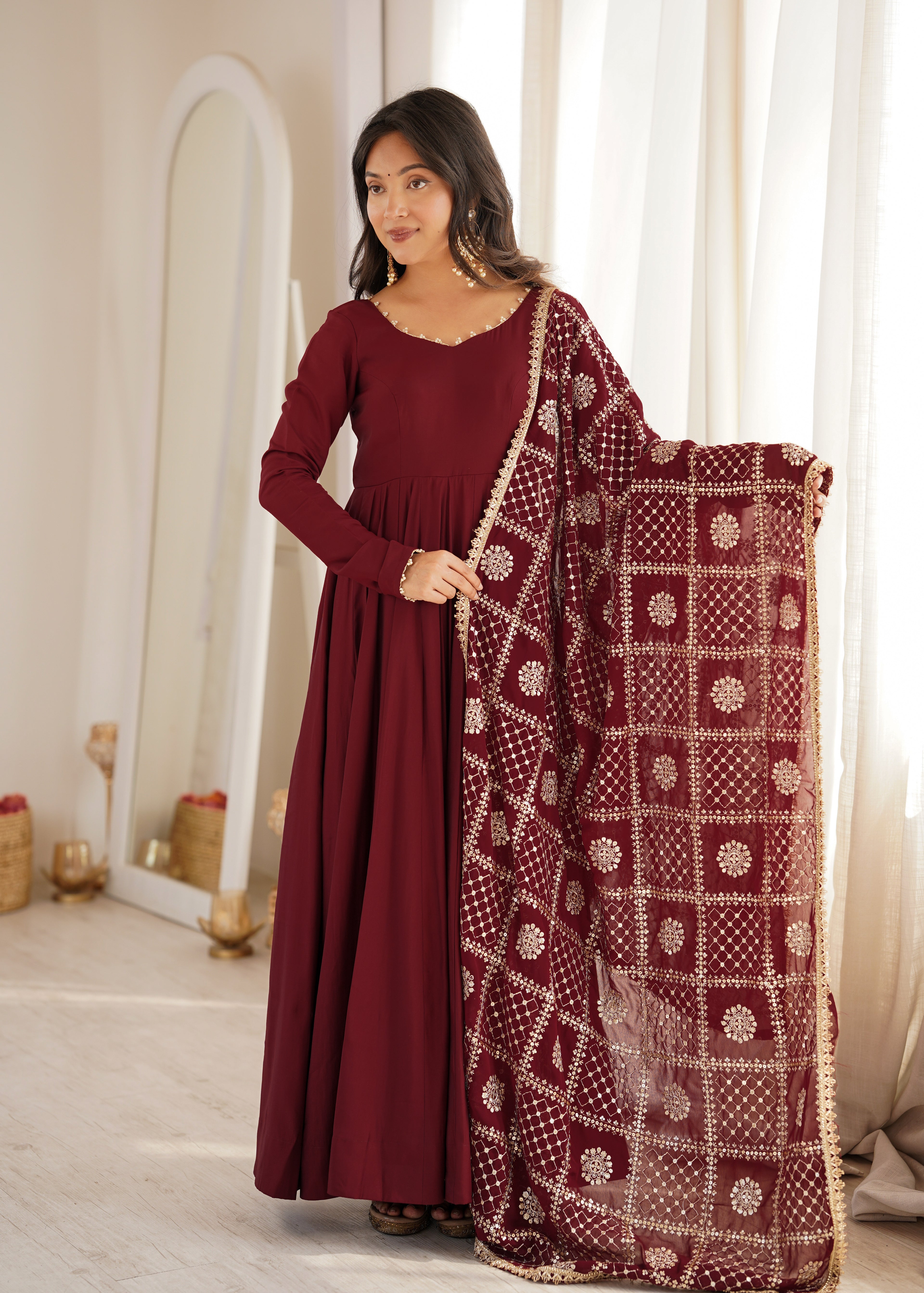 Deep Maroon Roman Silk Chanderi Sequence Jari Work Anarkali Set