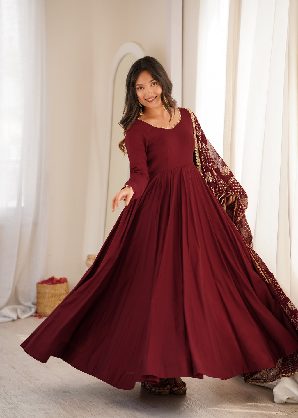 Deep Maroon Roman Silk Chanderi Sequence Jari Work Anarkali Set
