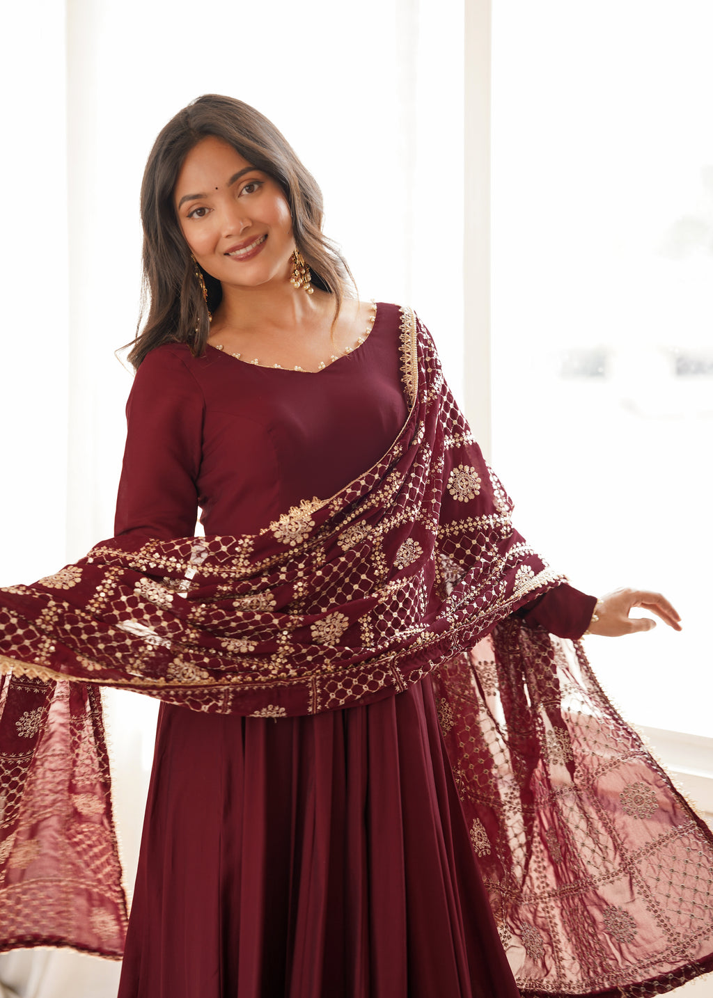Deep Maroon Roman Silk Chanderi Sequence Jari Work Anarkali Set