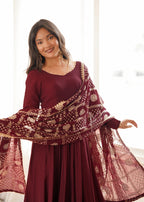 Deep Maroon Roman Silk Chanderi Sequence Jari Work Anarkali Set