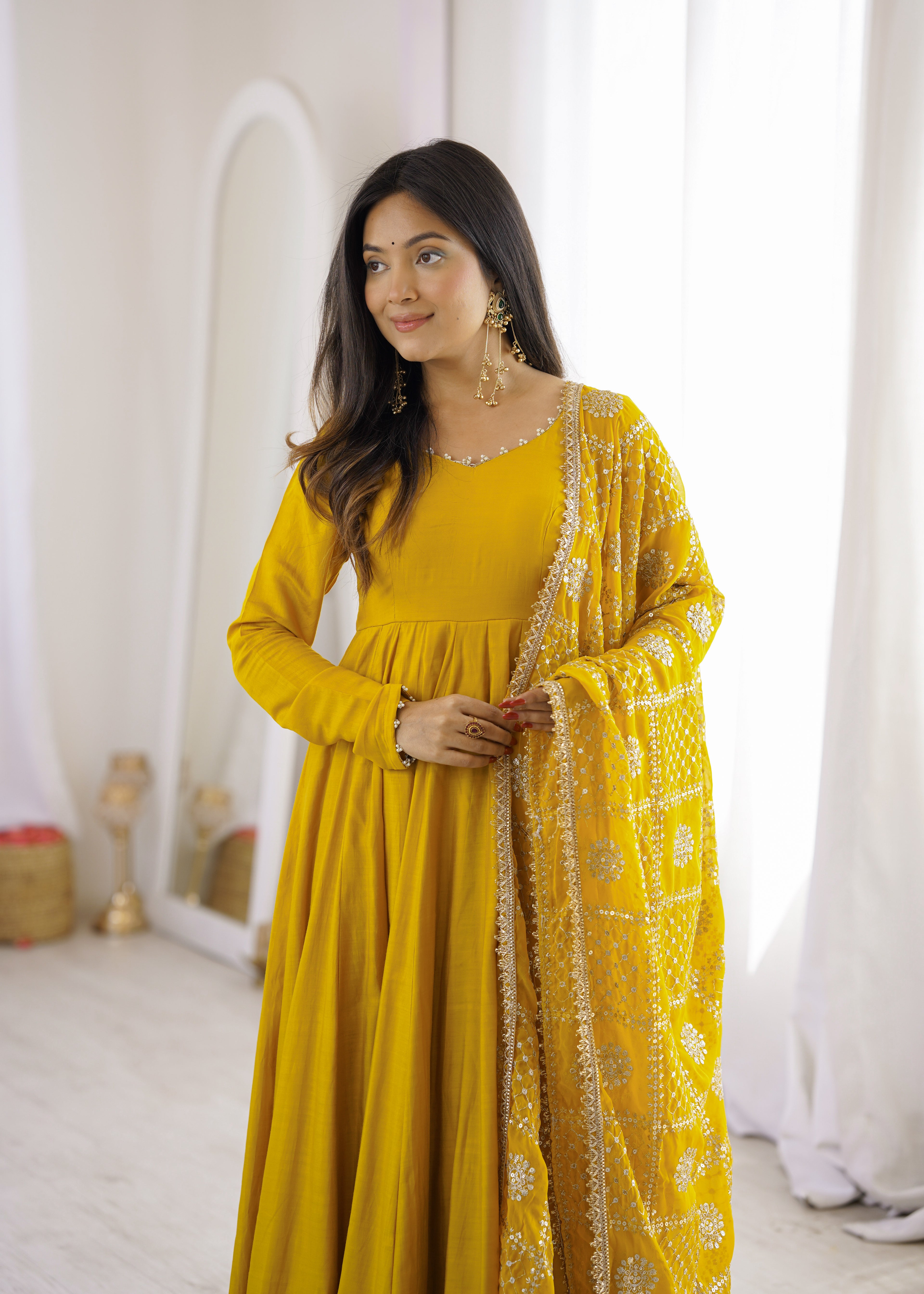 Designer Yellow Roman Silk Chanderi Festive Embroidered Anarkali Set