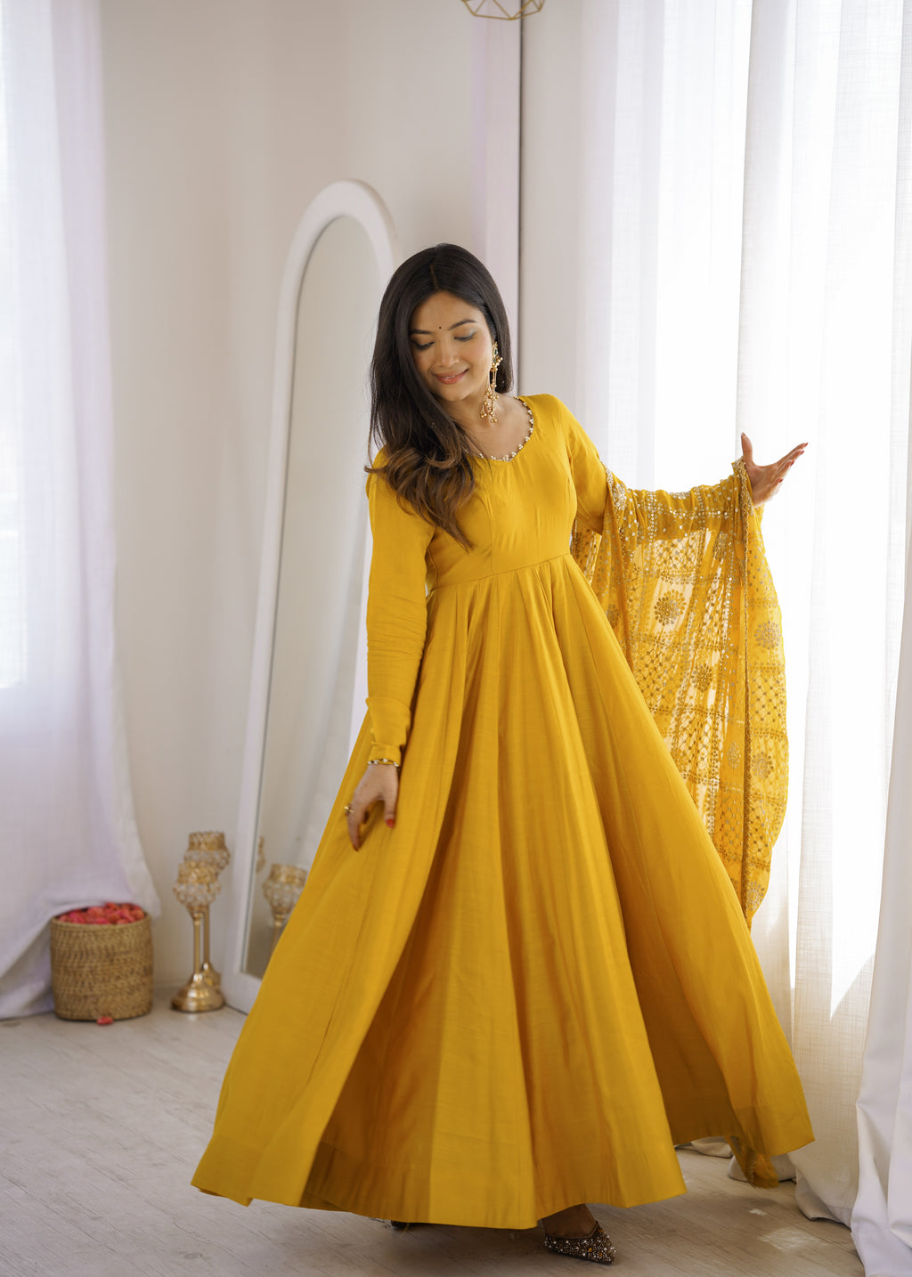 Designer Yellow Roman Silk Chanderi Festive Embroidered Anarkali Set