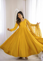 Designer Yellow Roman Silk Chanderi Festive Embroidered Anarkali Set