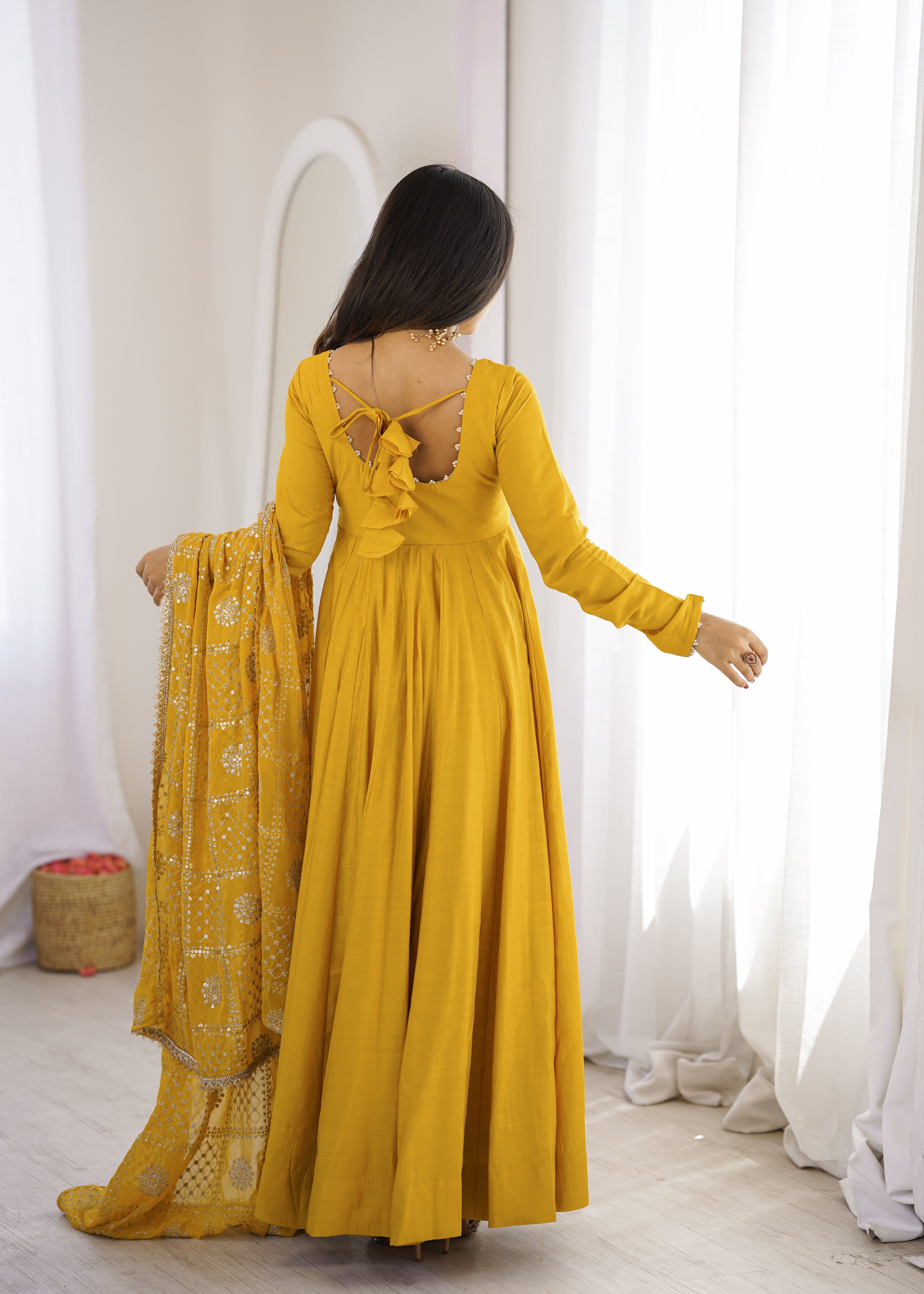 Designer Yellow Roman Silk Chanderi Festive Embroidered Anarkali Set