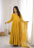 Designer Yellow Roman Silk Chanderi Festive Embroidered Anarkali Set