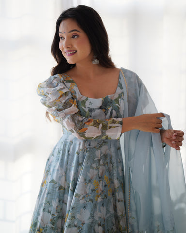 Pure Soft Organza Silk Floral Print Fabric Anarkali Suit Comes With Duppatta & Pant