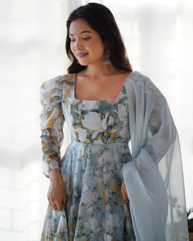 Pure Soft Organza Silk Floral Print Fabric Anarkali Suit Comes With Duppatta & Pant