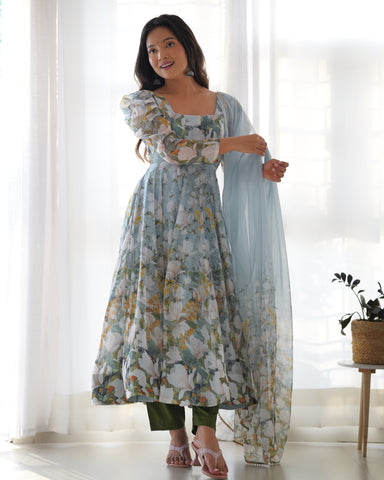 Pure Soft Organza Silk Floral Print Fabric Anarkali Suit Comes With Duppatta & Pant