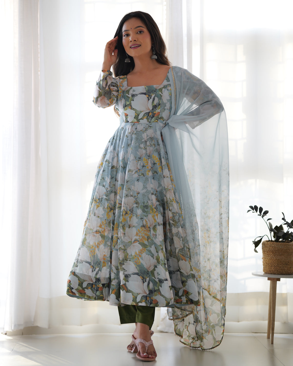 Pure Soft Organza Silk Floral Print Fabric Anarkali Suit Comes With Duppatta & Pant