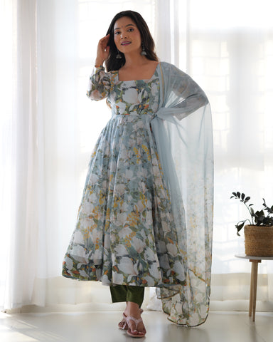 Pure Soft Organza Silk Floral Print Fabric Anarkali Suit Comes With Duppatta & Pant