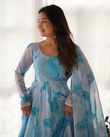 Digitally Printed Pure Organza Silk Marble Print Design Comes With Duppatta & Pant - SKY