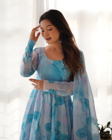 Digitally Printed Pure Organza Silk Marble Print Design Comes With Duppatta & Pant - SKY