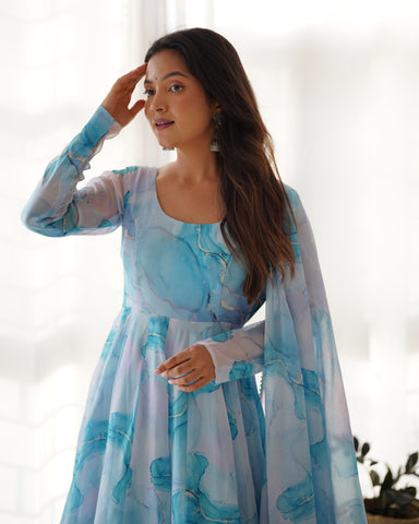 Digitally Printed Pure Organza Silk Marble Print Design Comes With Duppatta & Pant - SKY