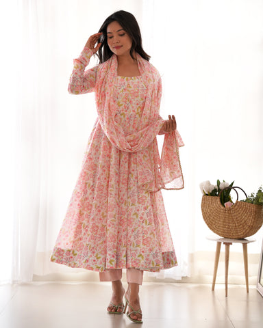 Heavy Chiffon Floral Print Fancy Neck Potli Button Design with Chudidar Sleeves Anarkali Set - Orange