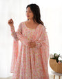Heavy Chiffon Floral Print Fancy Neck Potli Button Design with Chudidar Sleeves Anarkali Set - Orange
