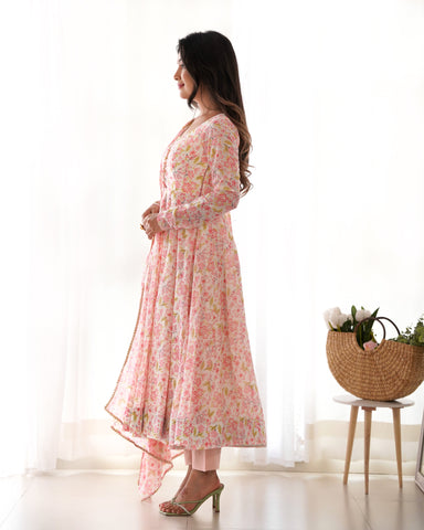 Heavy Chiffon Floral Print Fancy Neck Potli Button Design with Chudidar Sleeves Anarkali Set - Orange