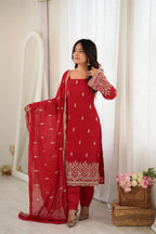 Trendy Red Faux Georgette Sequin Work Suit Set | Tulip Designer