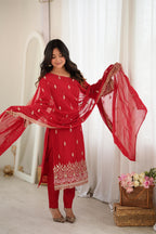 Trendy Red Faux Georgette Sequin Work Suit Set | Tulip Designer