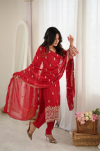 Trendy Red Faux Georgette Sequin Work Suit Set | Tulip Designer