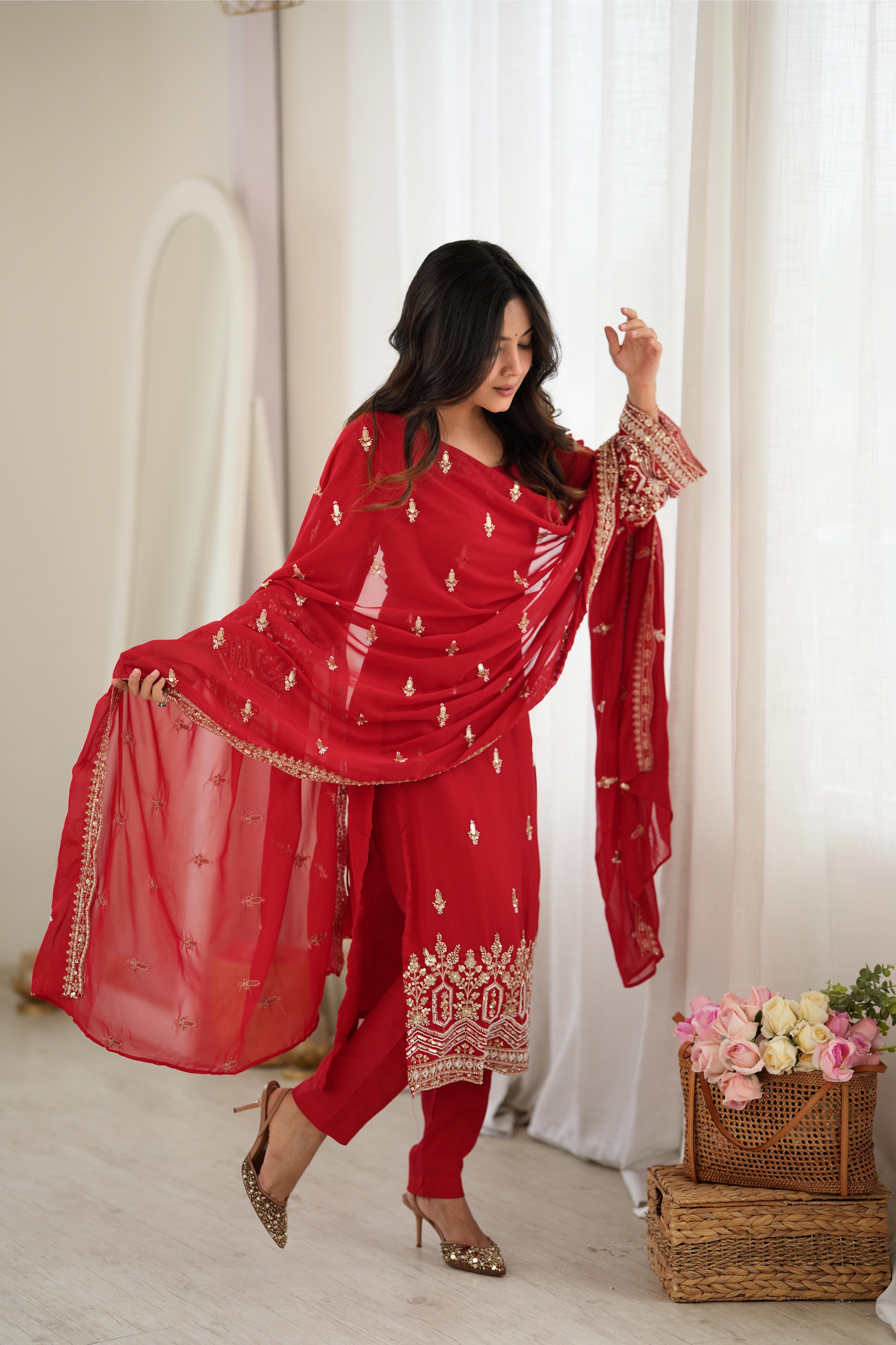 Trendy Red Faux Georgette Sequin Work Suit Set | Tulip Designer