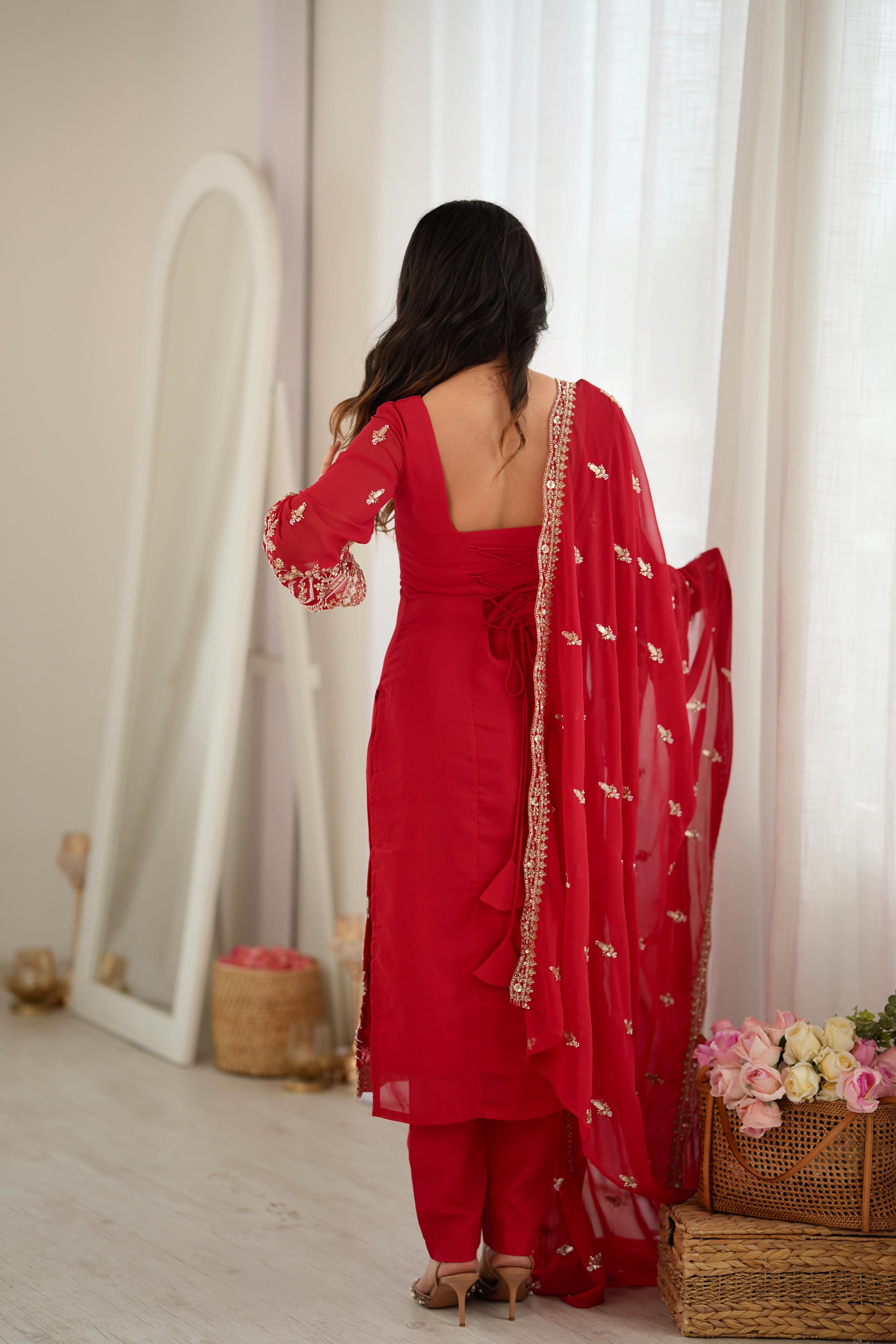Trendy Red Faux Georgette Sequin Work Suit Set | Tulip Designer