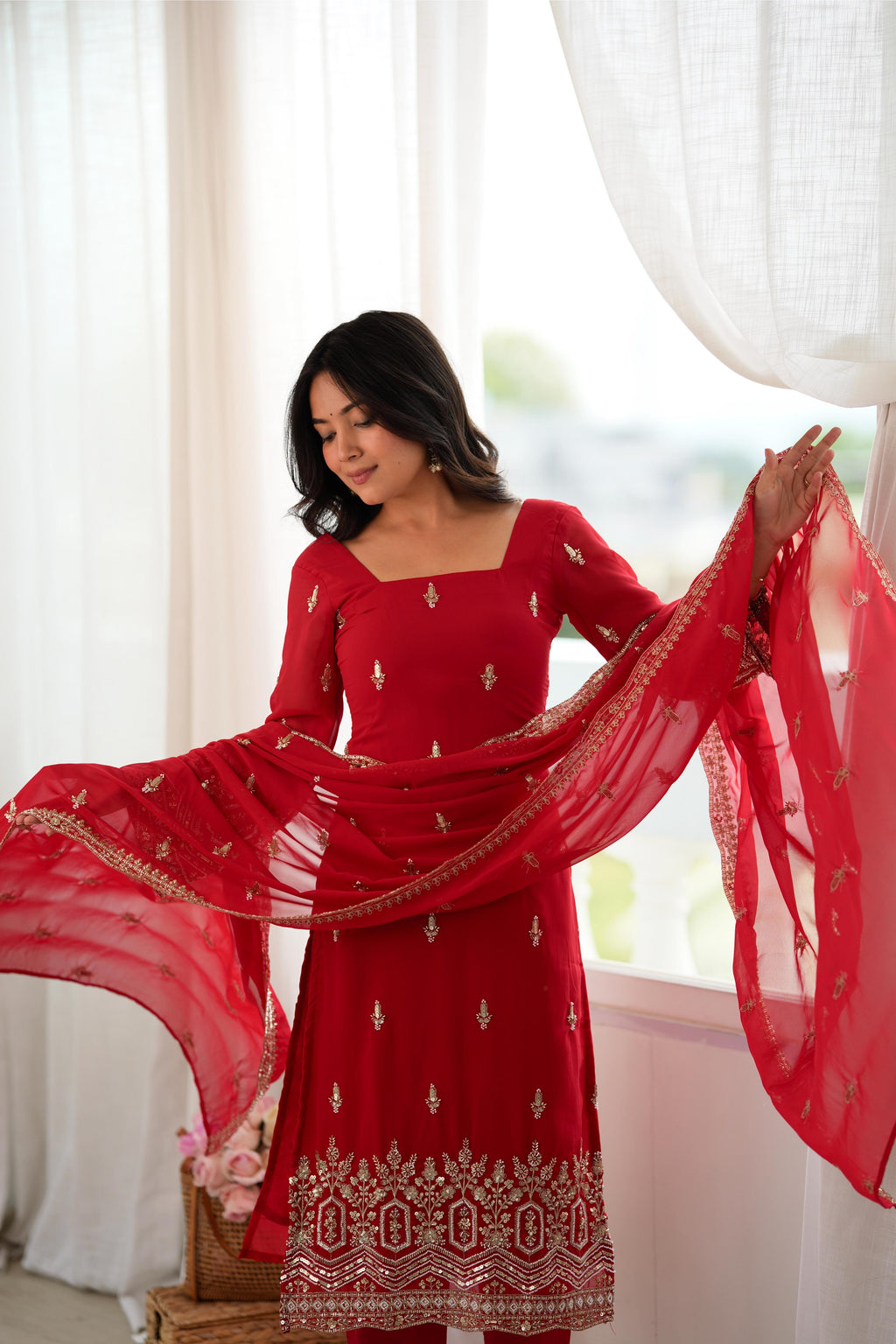 Trendy Red Faux Georgette Sequin Work Suit Set | Tulip Designer