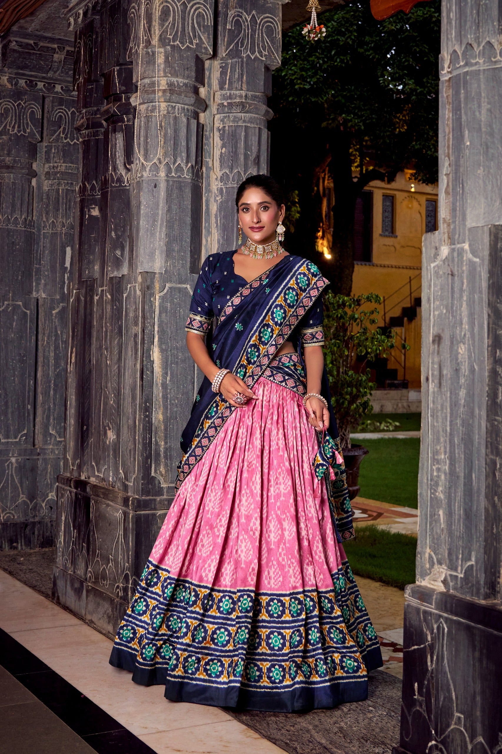 Classic Ikkat Art Tasar Silk Lehenga for Navratri Celebrations
