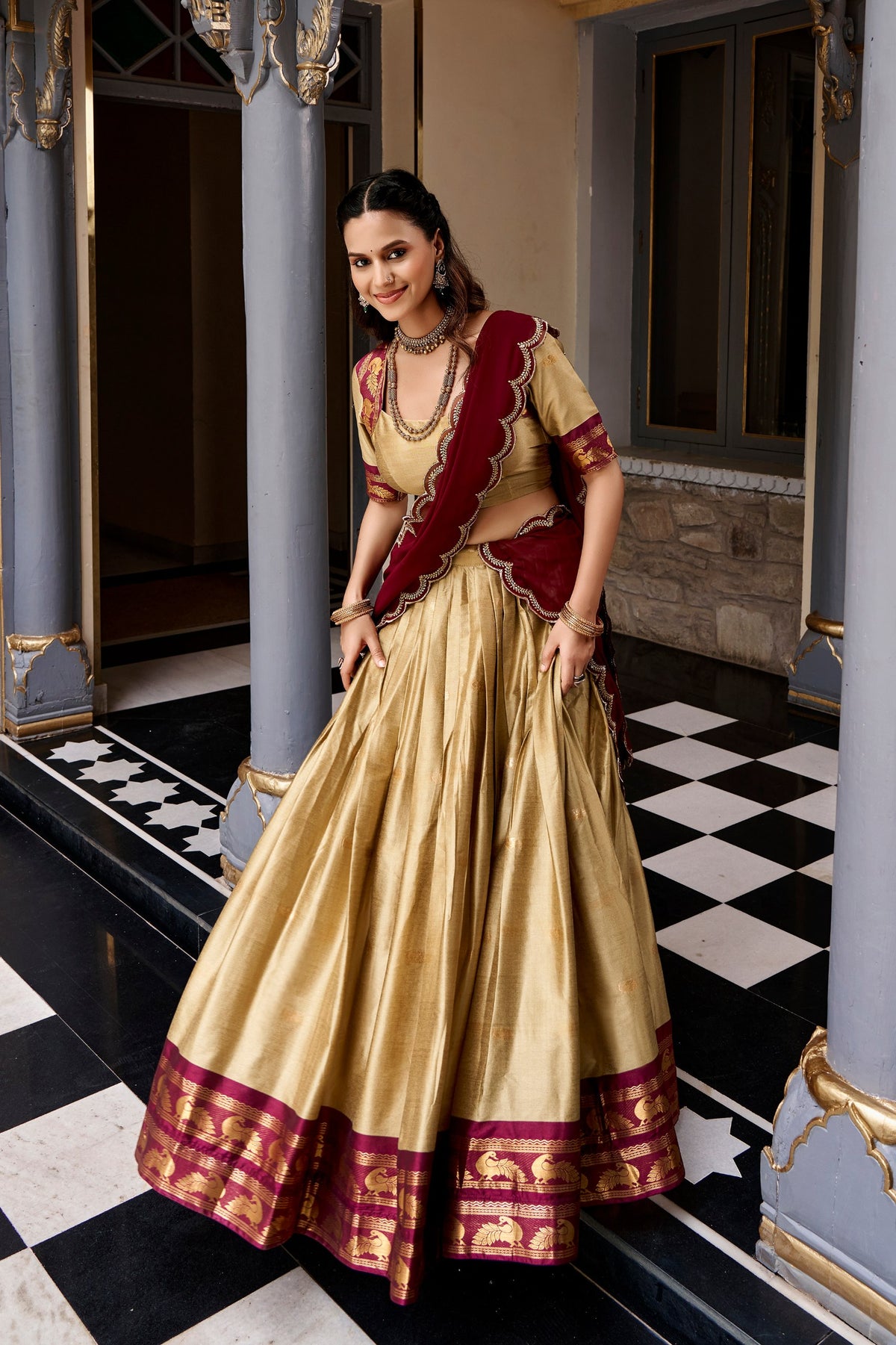 South Indian Cotton Silk Zari Lehenga Set | Tulip Designer
