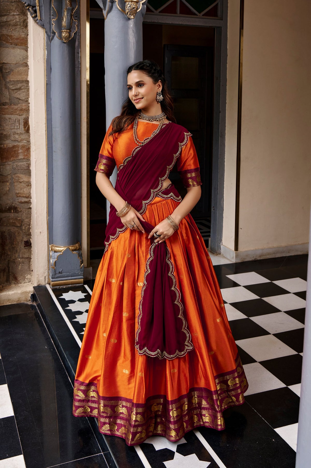 South Indian Cotton Silk Zari Lehenga Set | Tulip Designer
