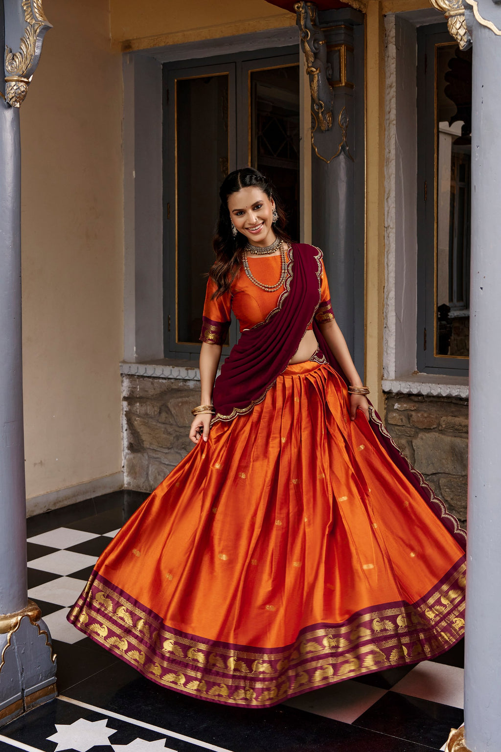 South Indian Cotton Silk Zari Lehenga Set | Tulip Designer
