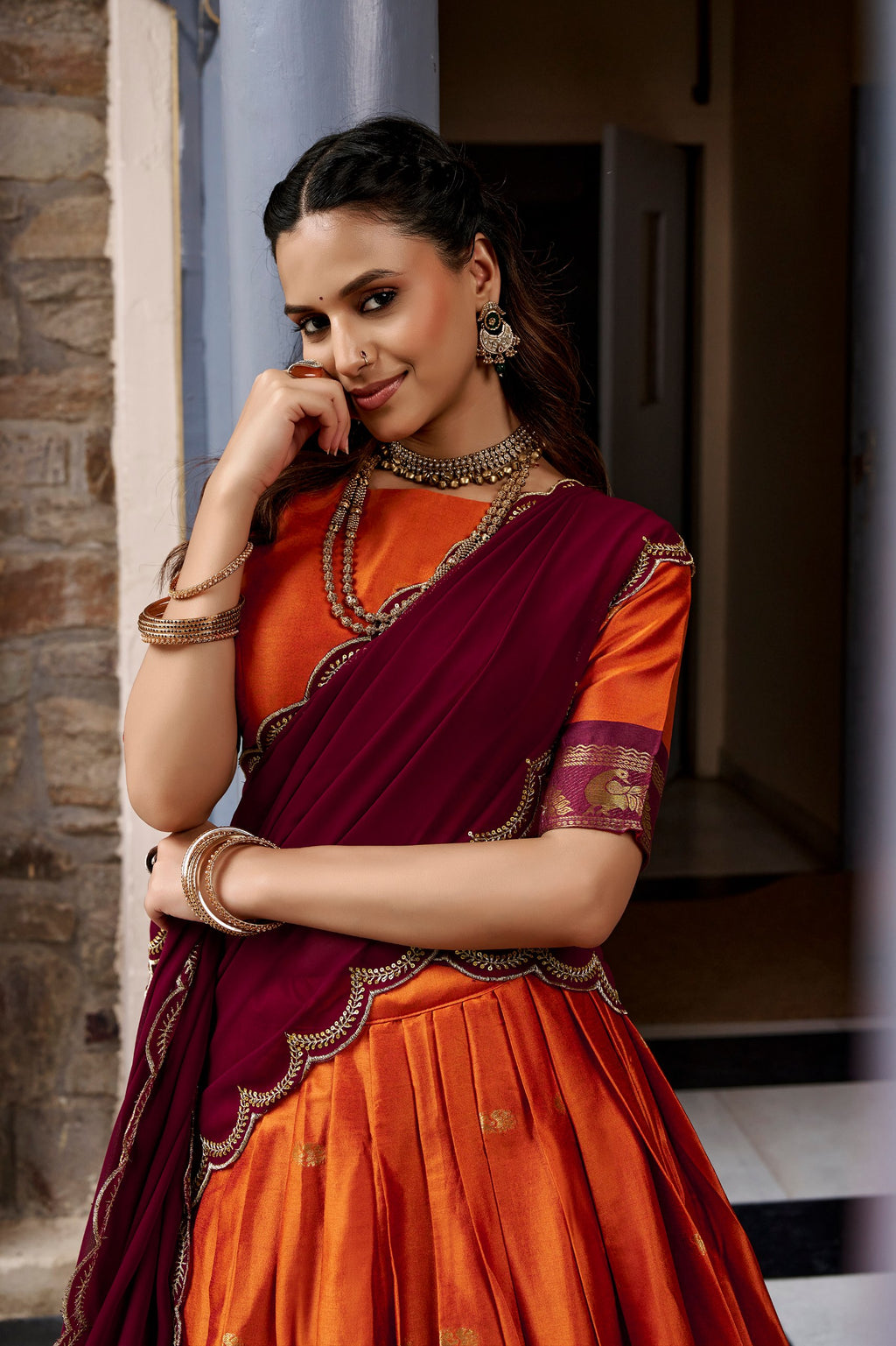 South Indian Cotton Silk Zari Lehenga Set | Tulip Designer
