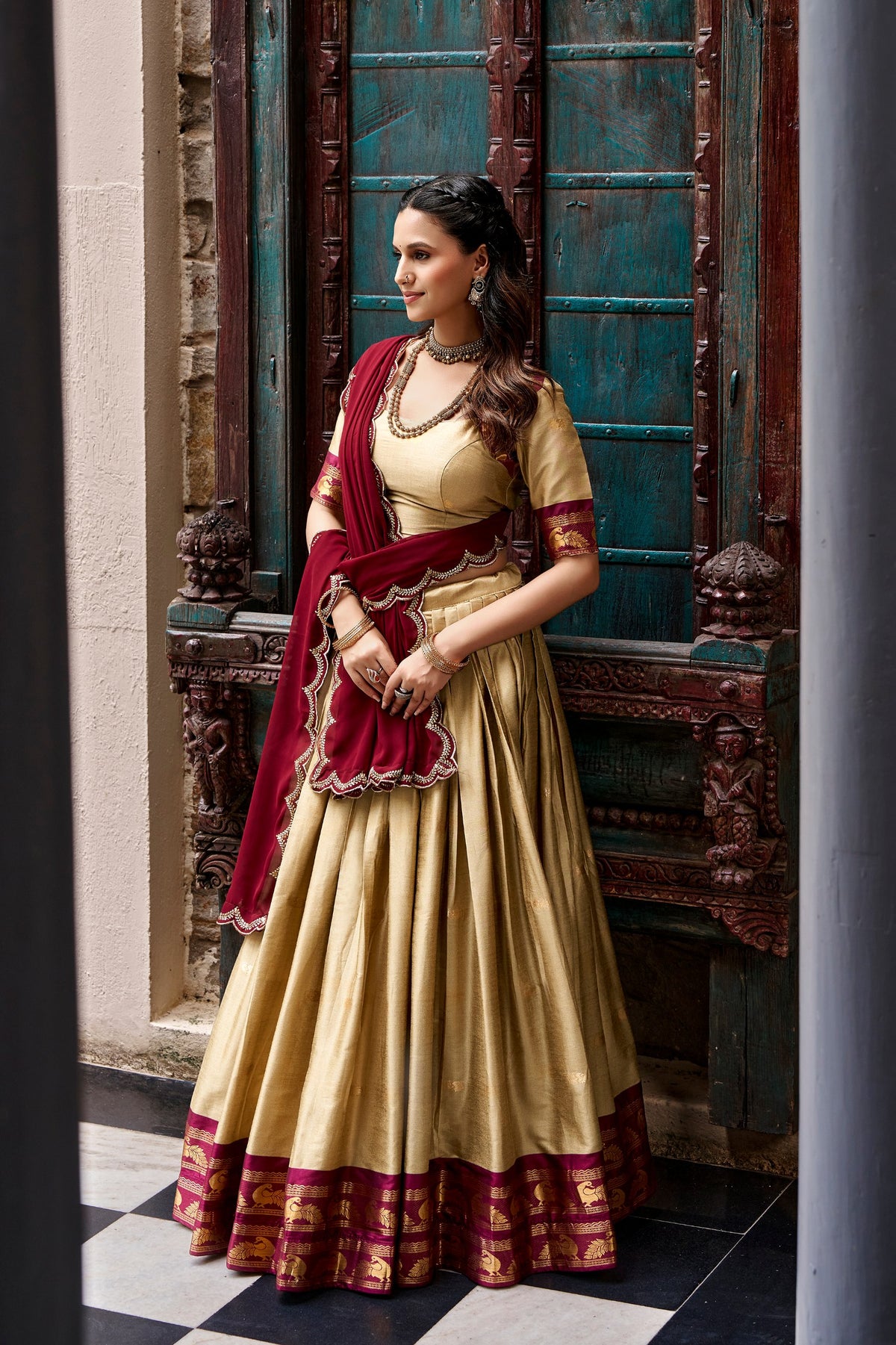 South Indian Cotton Silk Zari Lehenga Set | Tulip Designer

