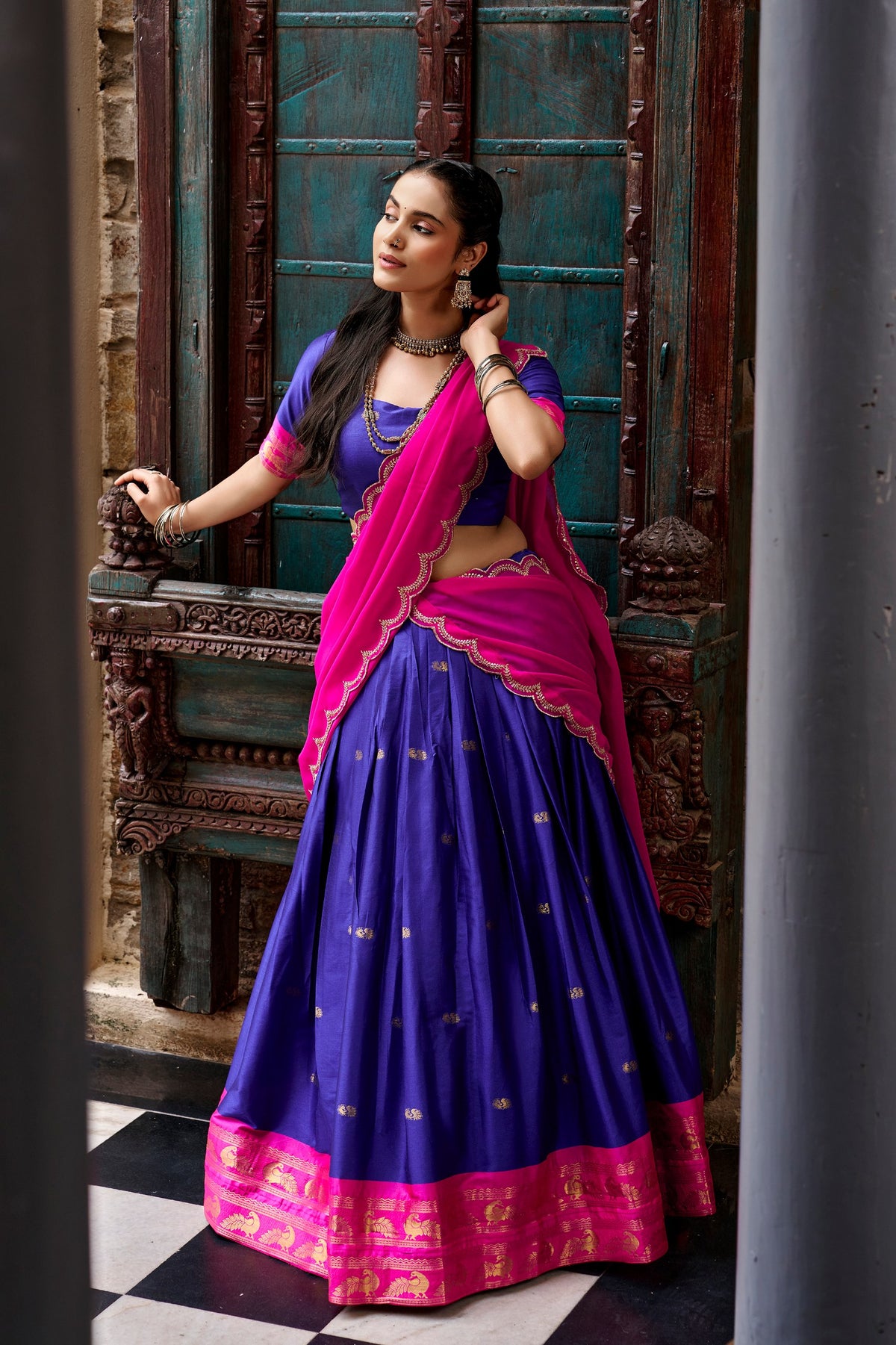 South Indian Cotton Silk Zari Lehenga Set | Tulip Designer
