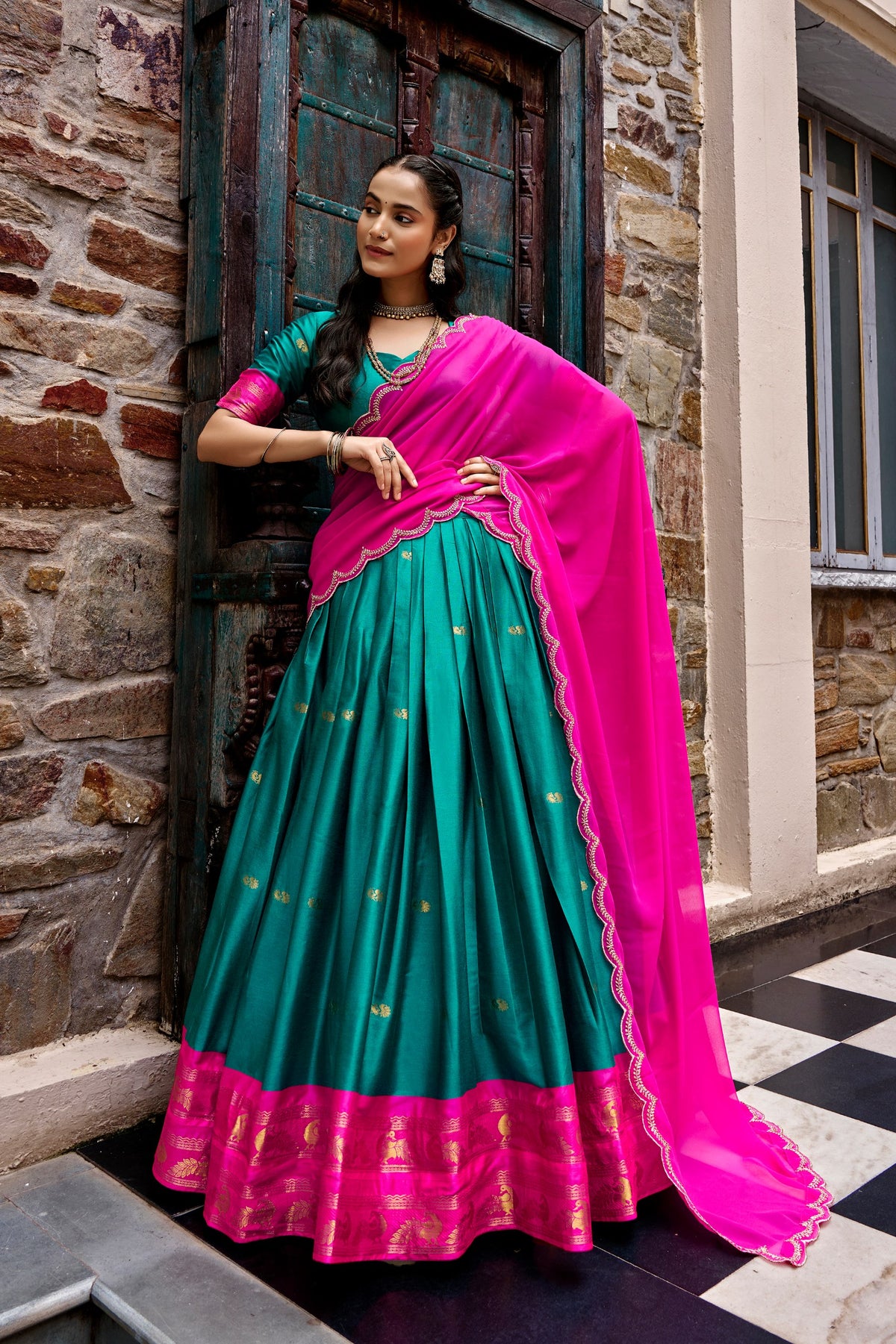 South Indian Cotton Silk Zari Lehenga Set | Tulip Designer
