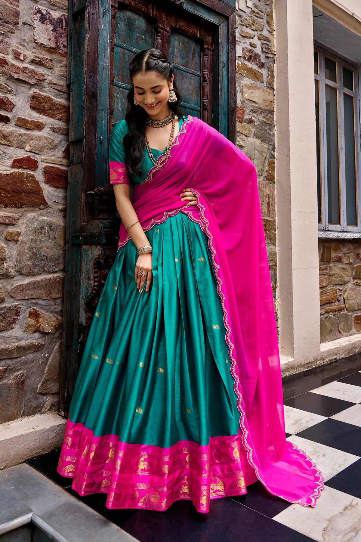 South Indian Cotton Silk Zari Lehenga Set | Tulip Designer
