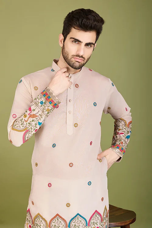 Designer Ivory Viscose Silk Men's Kurta Online