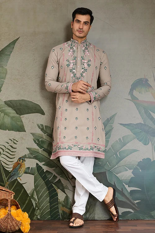 Ivory Color Embroidered Kurta Pajama for Men