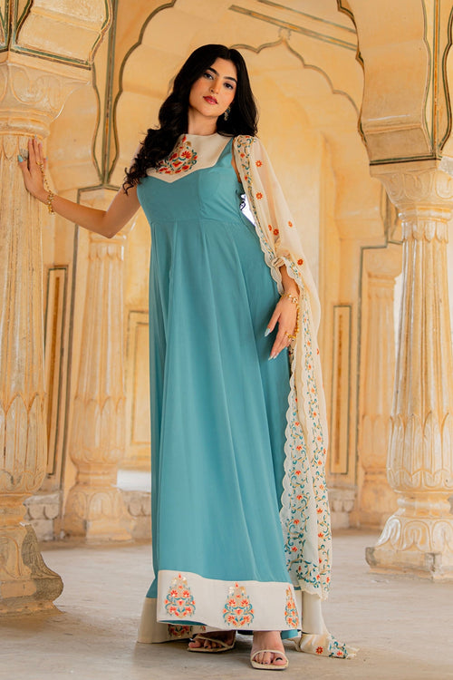 Aqua Ivory Blue Elegance Hand Embroidered Anarkali Set