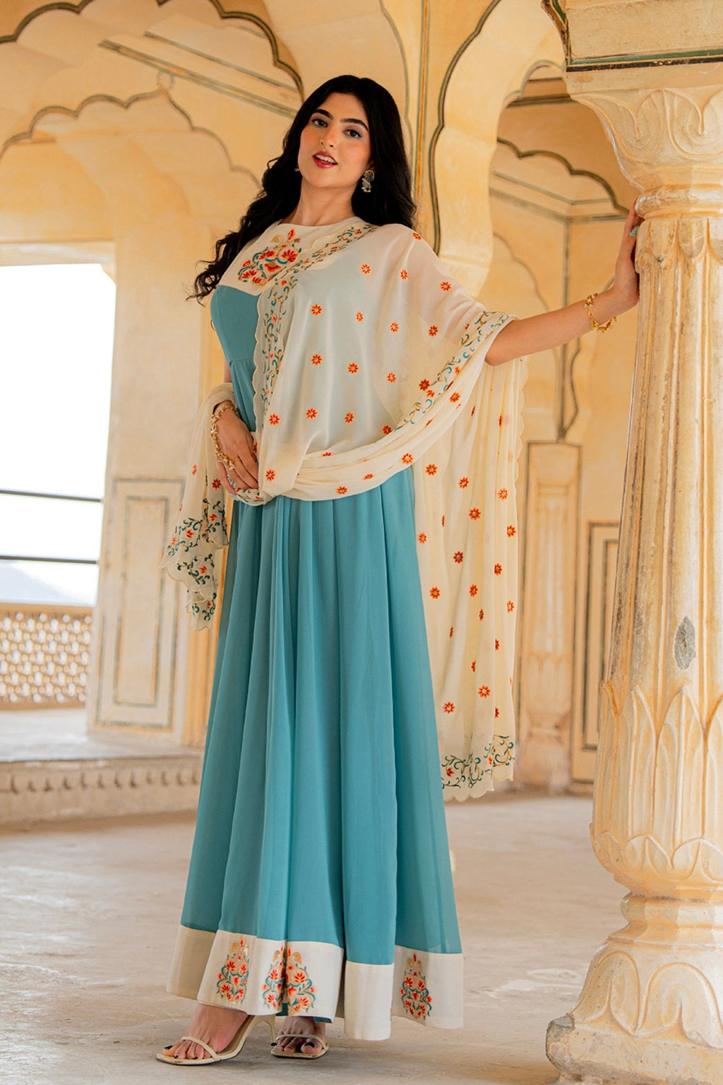 Aqua Ivory Blue Elegance Hand Embroidered Anarkali Set